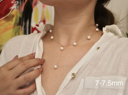 6mm/ 7mm Akoya Pearl Station Necklace 18K Yellow Gold - KOKOPEARLJEWELRY - 1