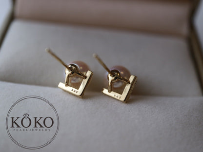 7mm Akoya Pearl V Shaped Diamond Earrings 18K Yellow Gold - KOKOPEARLJEWELRY - 4