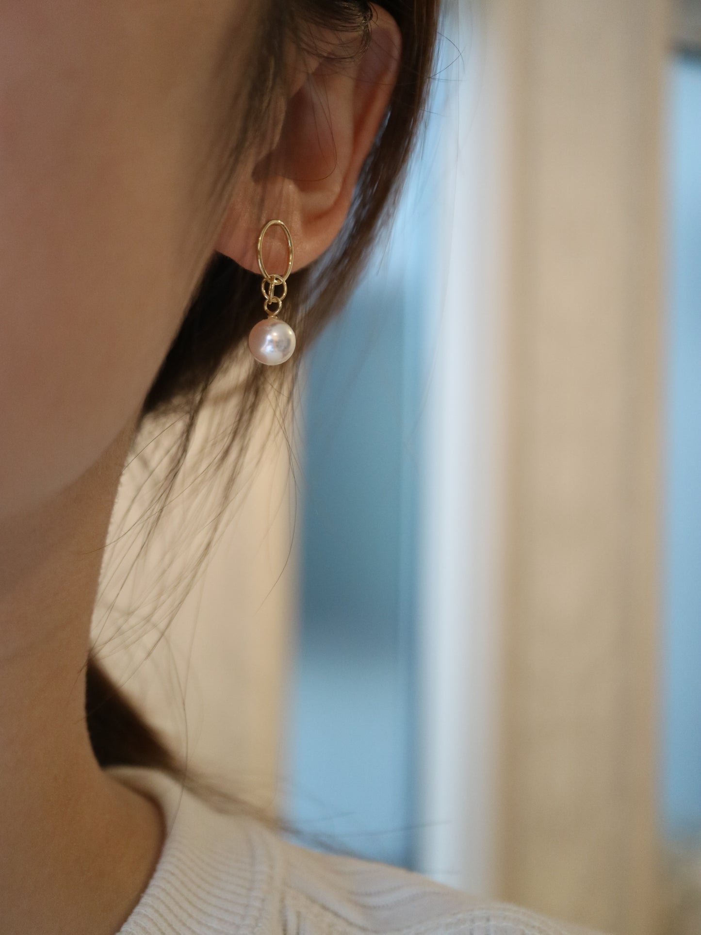7mm Akoya Pearl Hoop Dangle Earrings 18K Yellow Gold