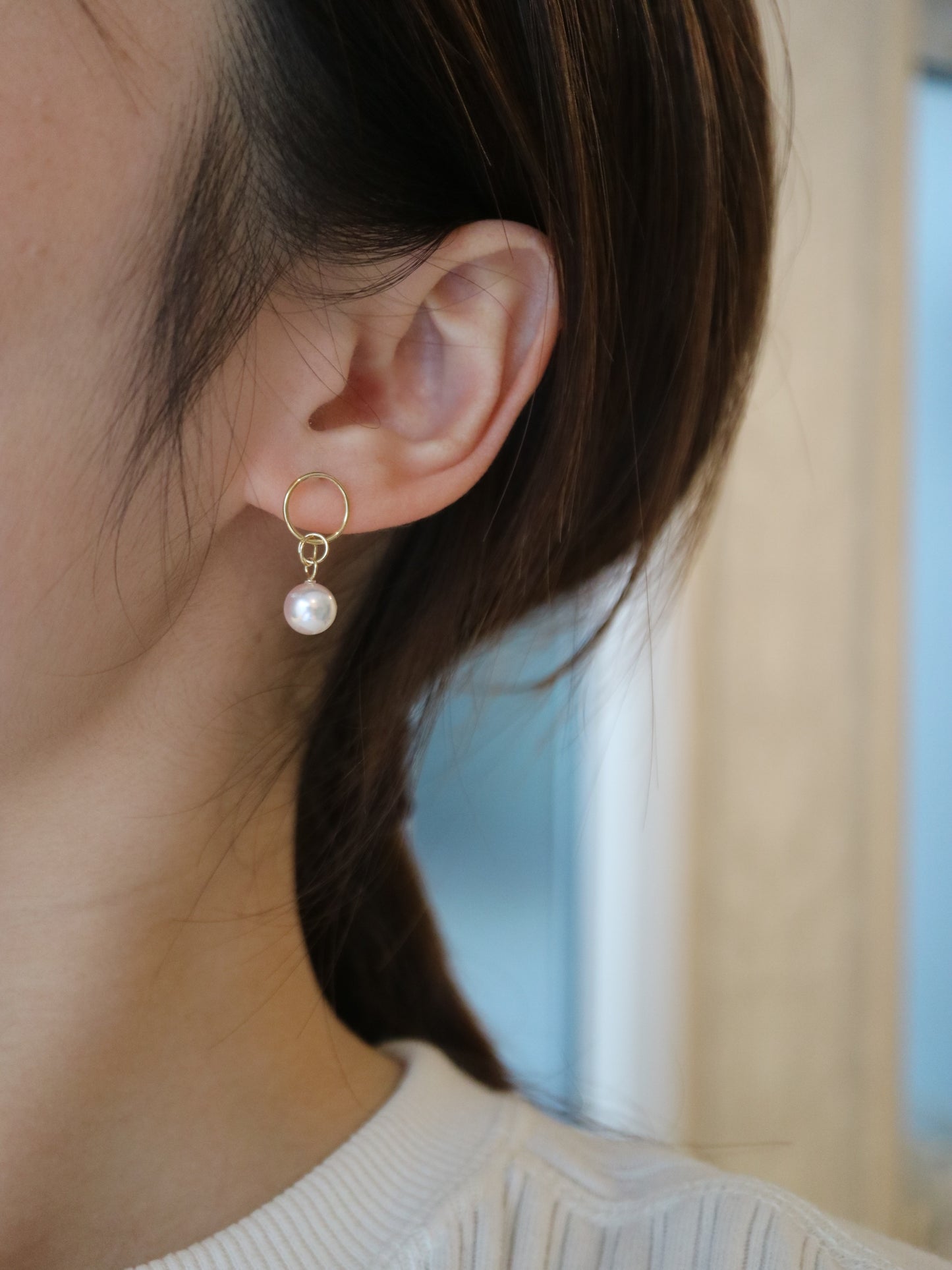 7mm Akoya Pearl Hoop Dangle Earrings 18K Yellow Gold