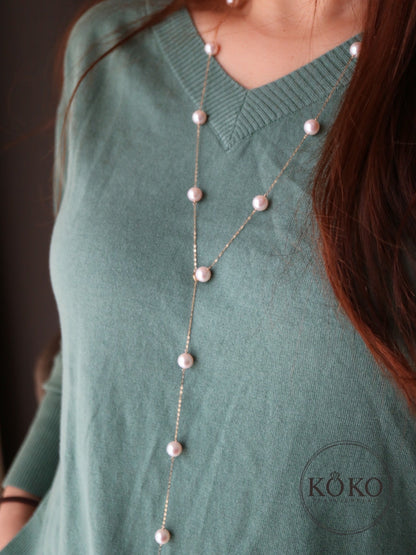 90cm 8mm Akoya Pearl Station Long Necklace 18K Yellow Gold - KOKOPEARLJEWELRY - 2