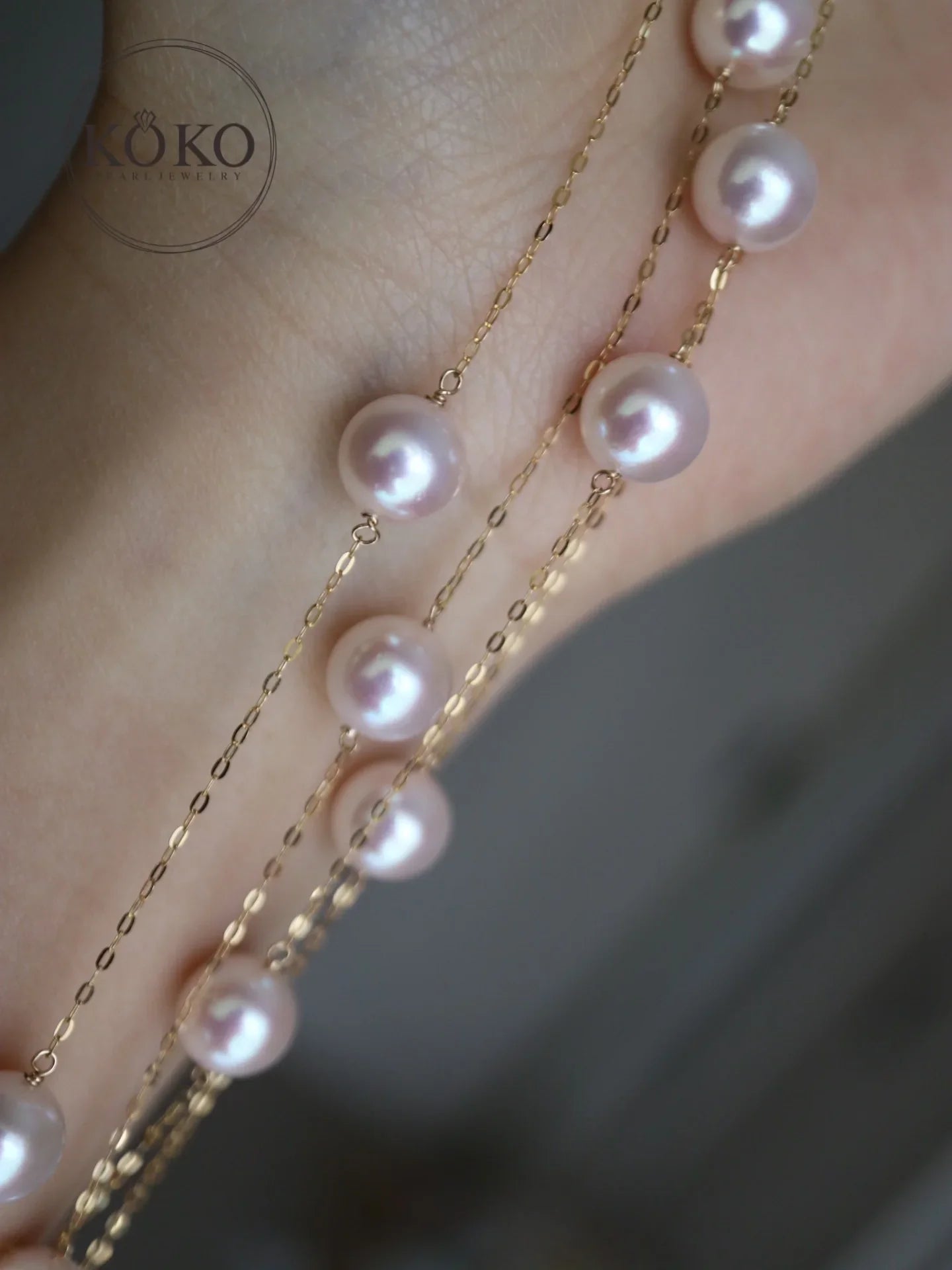 90cm Akoya Pearl 8.0mm Station Long Necklace 18K Yellow Gold
