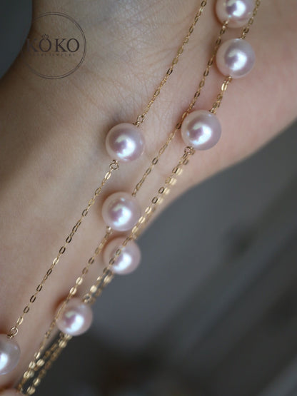 90cm 8mm Akoya Pearl Station Long Necklace 18K Yellow Gold - KOKOPEARLJEWELRY - 7