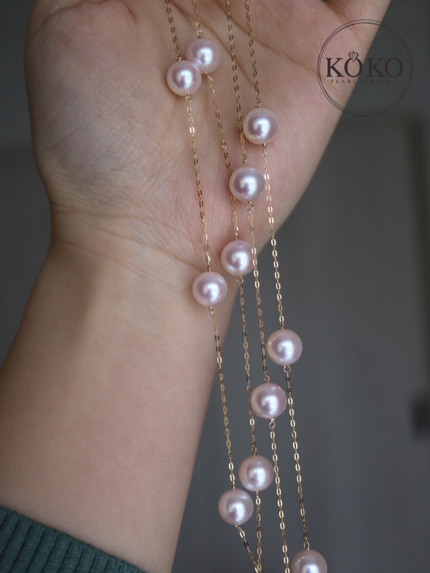 90cm Akoya Pearl 8.0mm Station Long Necklace 18K Yellow Gold