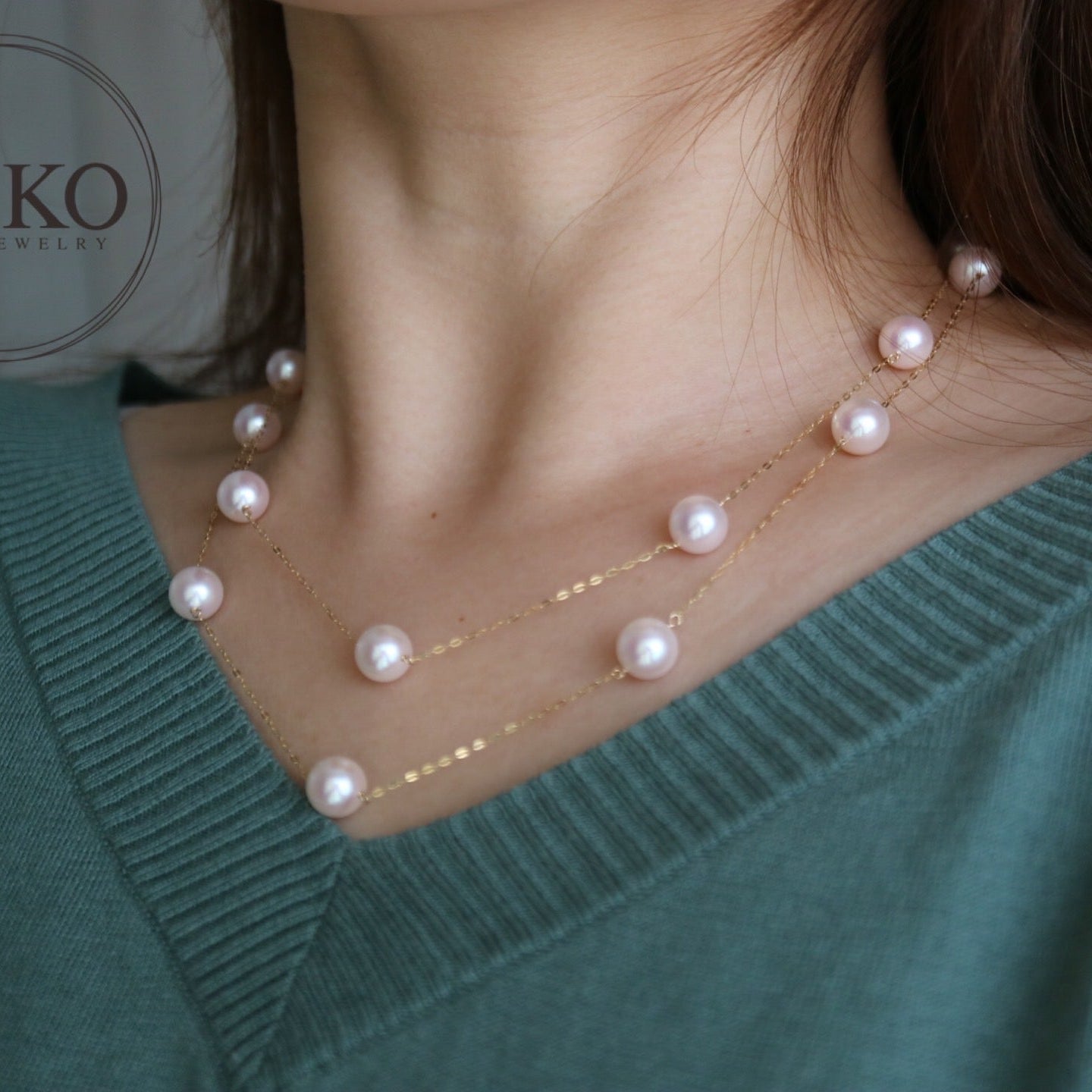 90cm Akoya Pearl 8.0mm Station Long Necklace 18K Yellow Gold