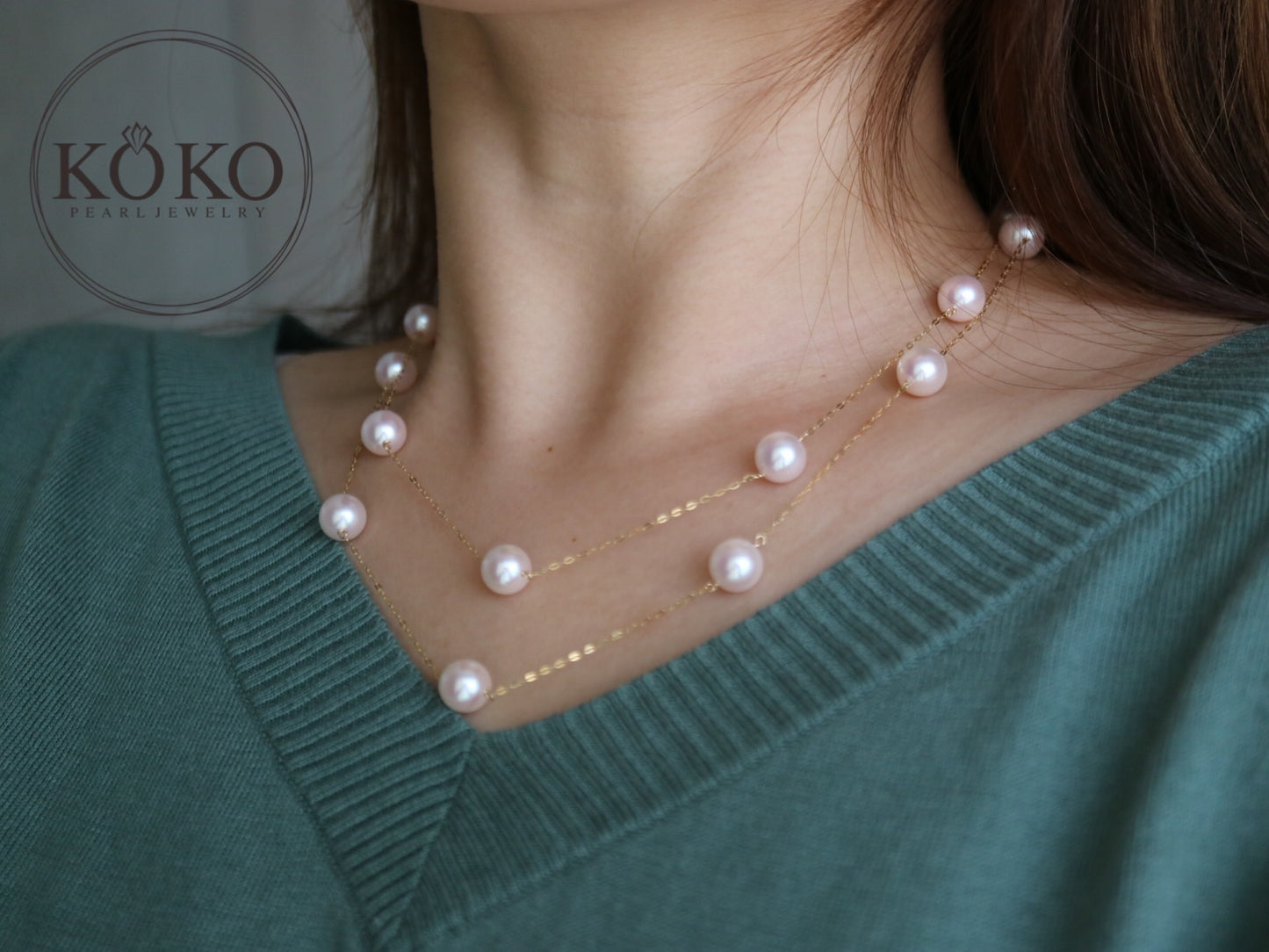 90cm 8mm アコヤ真珠 ステーション ロングネックレス 18K イエローゴールド