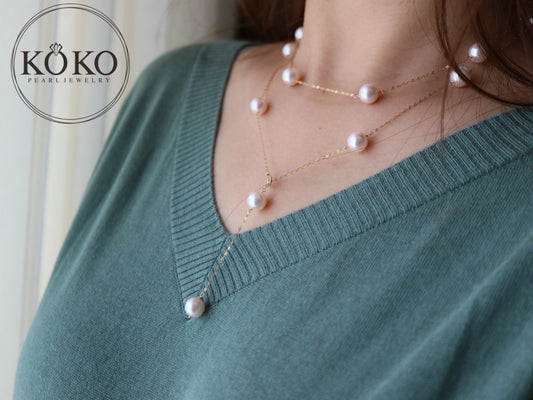 90cm 8mm アコヤ真珠 ステーション ロングネックレス 18K イエローゴールド
