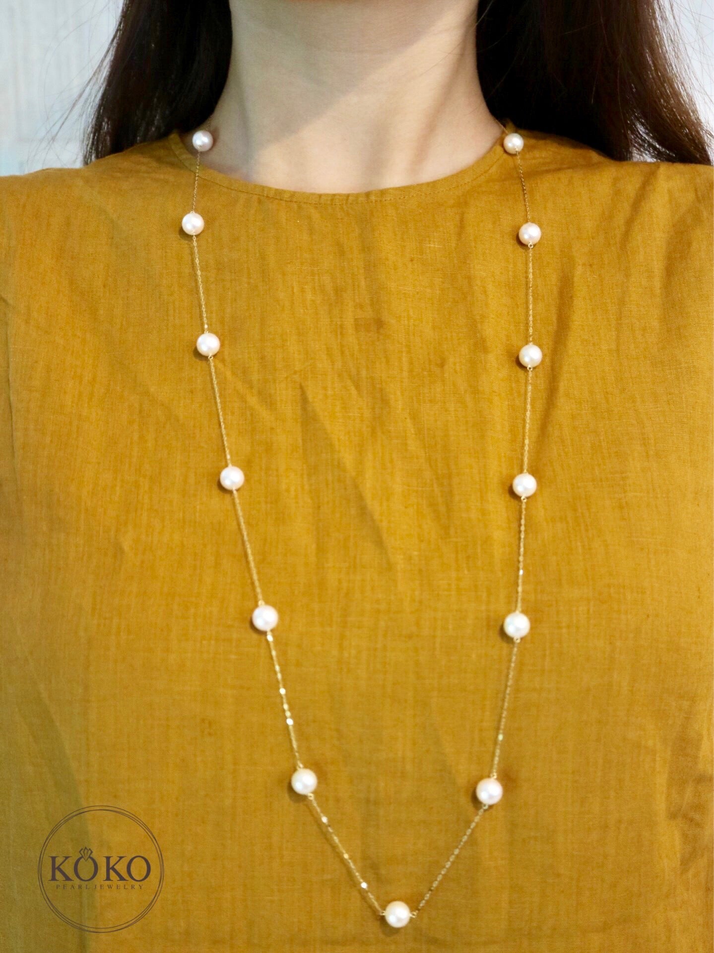 90cm 8mm アコヤ真珠 ステーション ロングネックレス 18K イエローゴールド