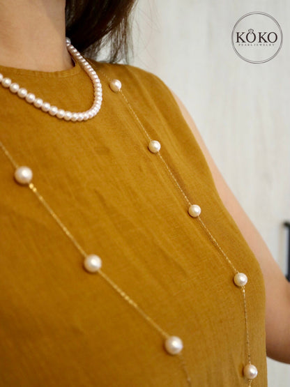 90cm 8mm Akoya Pearl Station Long Necklace 18K Yellow Gold - KOKOPEARLJEWELRY - 6