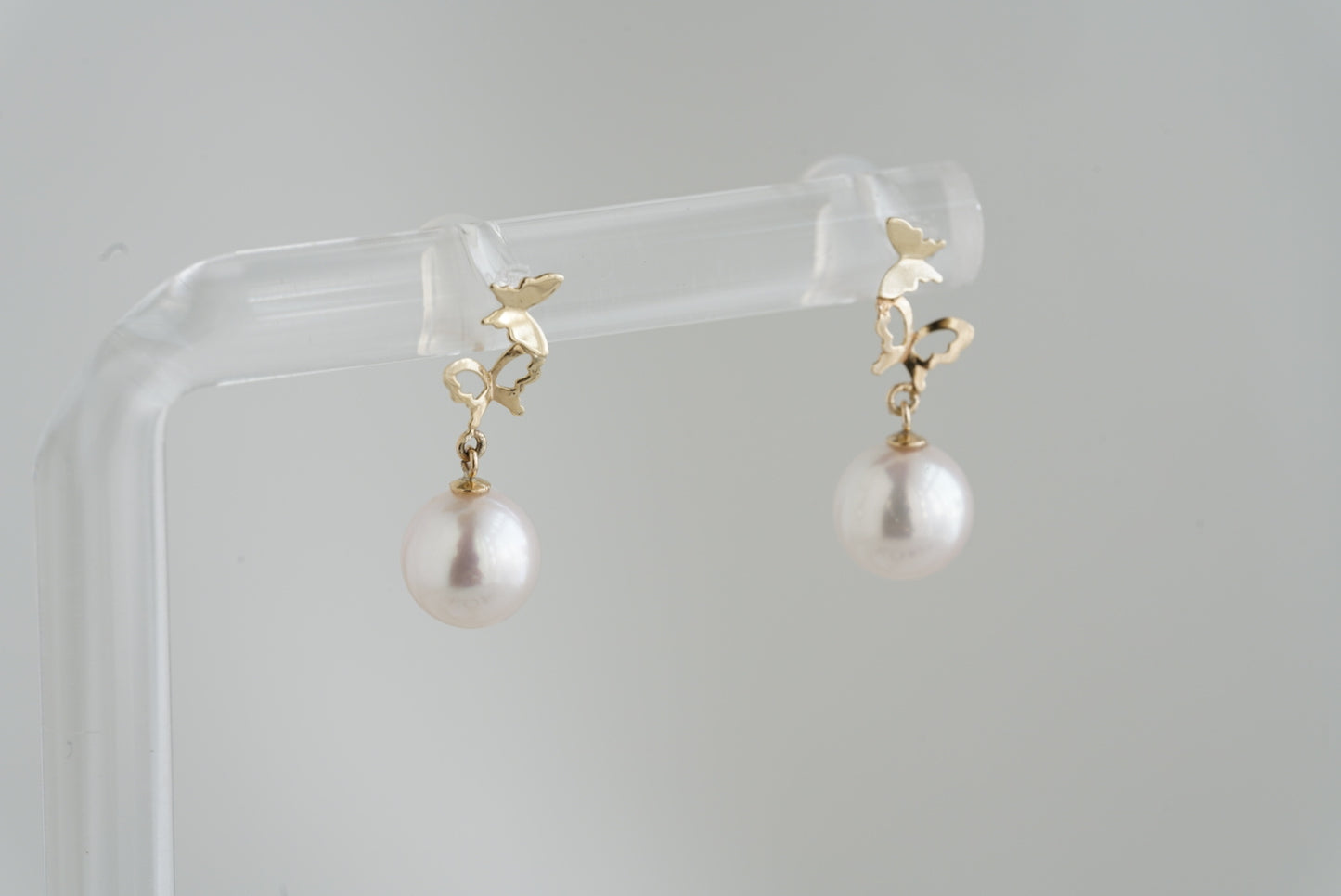 6.5mm Akoya Pearl Butterfly Shaped Dangle Drop Earrings 10K Gold