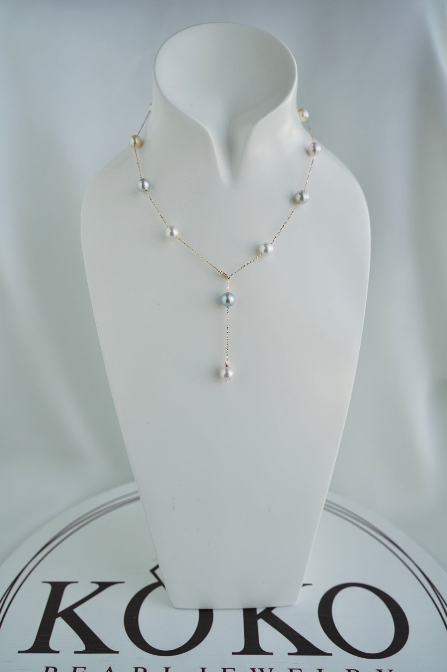 Rainbow Color 7.5mm Akoya Pearl Station Necklace 18K Gold