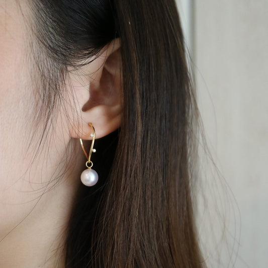 2Ways Wearing 8mm Akoya Pearl Diamond Hoop Earrings 18K Yellow Gold - KOKOPEARLJEWELRY - 2