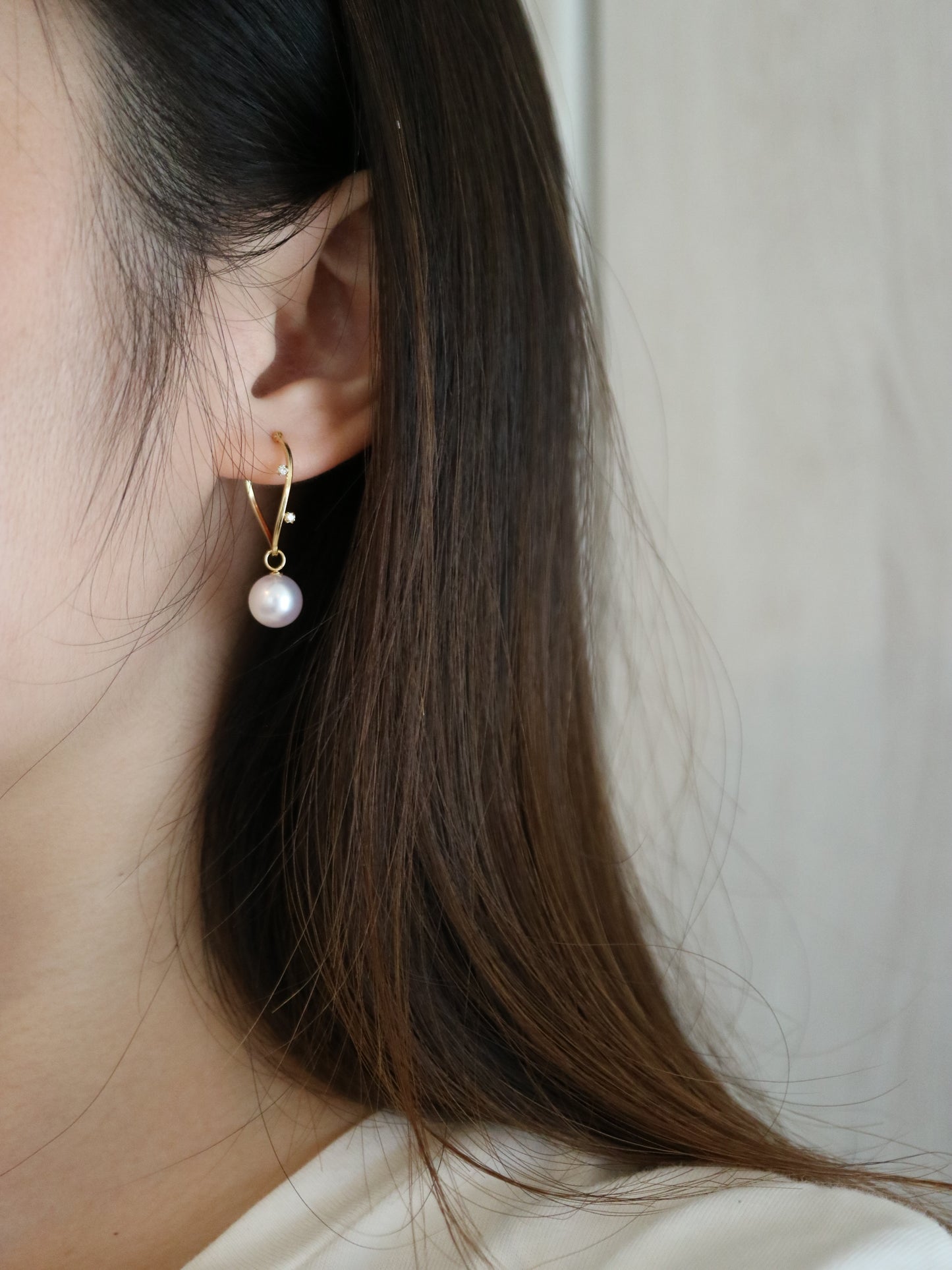 2Way 着用 8mm アコヤ真珠 ダイヤモンド フープ イヤリング 18K イエローゴールド