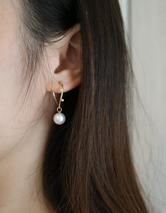 2Ways Wearing 8mm Akoya Pearl Diamond Hoop Earrings 18K Yellow Gold - KOKOPEARLJEWELRY - 2