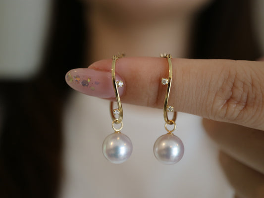 2Way 着用 8mm アコヤ真珠 ダイヤモンド フープ イヤリング 18K イエローゴールド