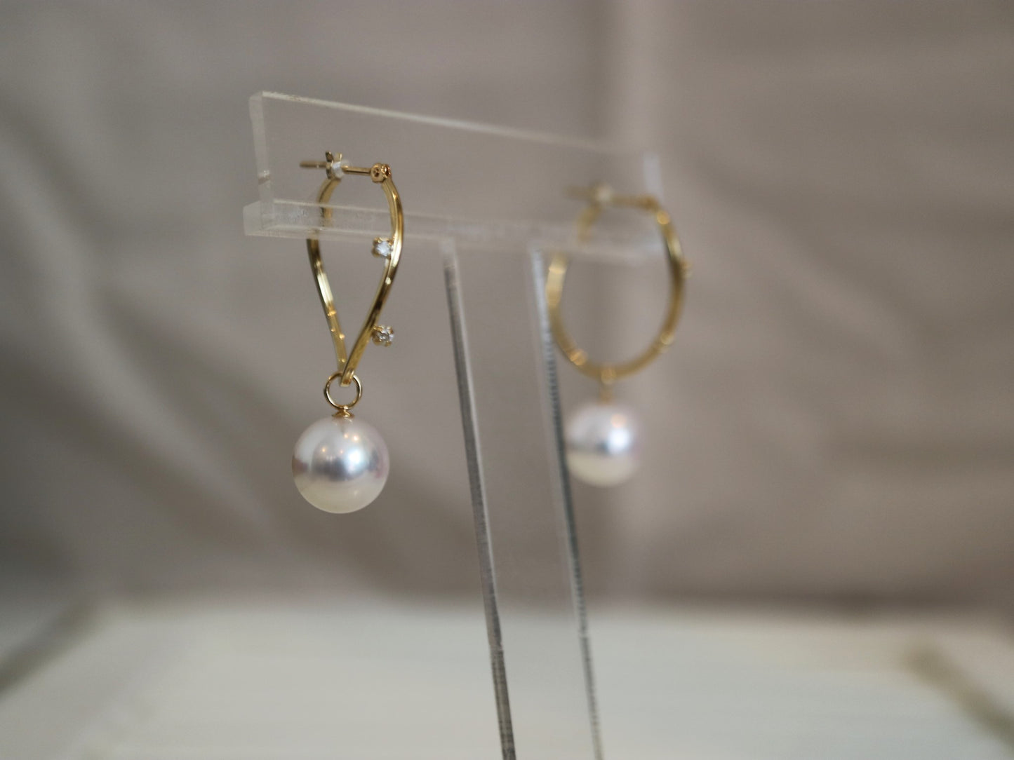 2Way 着用 8mm アコヤ真珠 ダイヤモンド フープ イヤリング 18K イエローゴールド