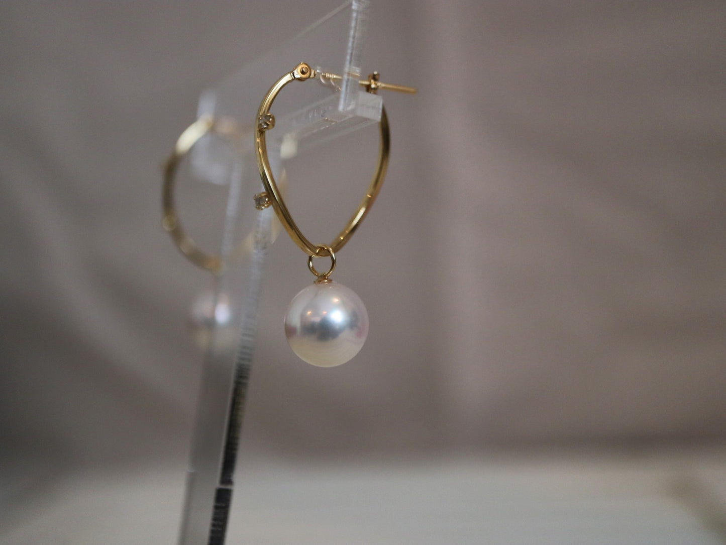 2Way 着用 8mm アコヤ真珠 ダイヤモンド フープ イヤリング 18K イエローゴールド