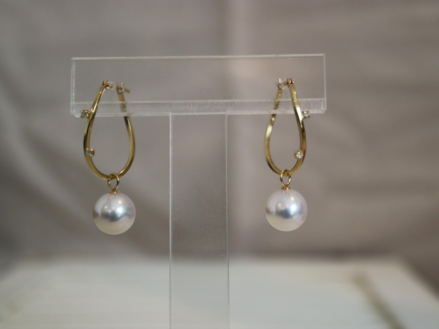 2Way 着用 8mm アコヤ真珠 ダイヤモンド フープ イヤリング 18K イエローゴールド