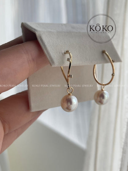 2Ways Wearing 8mm Akoya Pearl Diamond Hoop Earrings 18K Yellow Gold - KOKOPEARLJEWELRY - 7