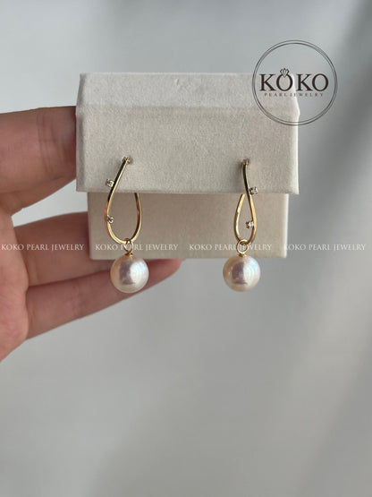 2Ways Wearing 8mm Akoya Pearl Diamond Hoop Earrings 18K Yellow Gold - KOKOPEARLJEWELRY - 8