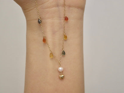 Gold Heart Akoya Pearl Pendant Mixed Color Sapphire Station Necklace 10K Gold - KOKOPEARLJEWELRY - 6
