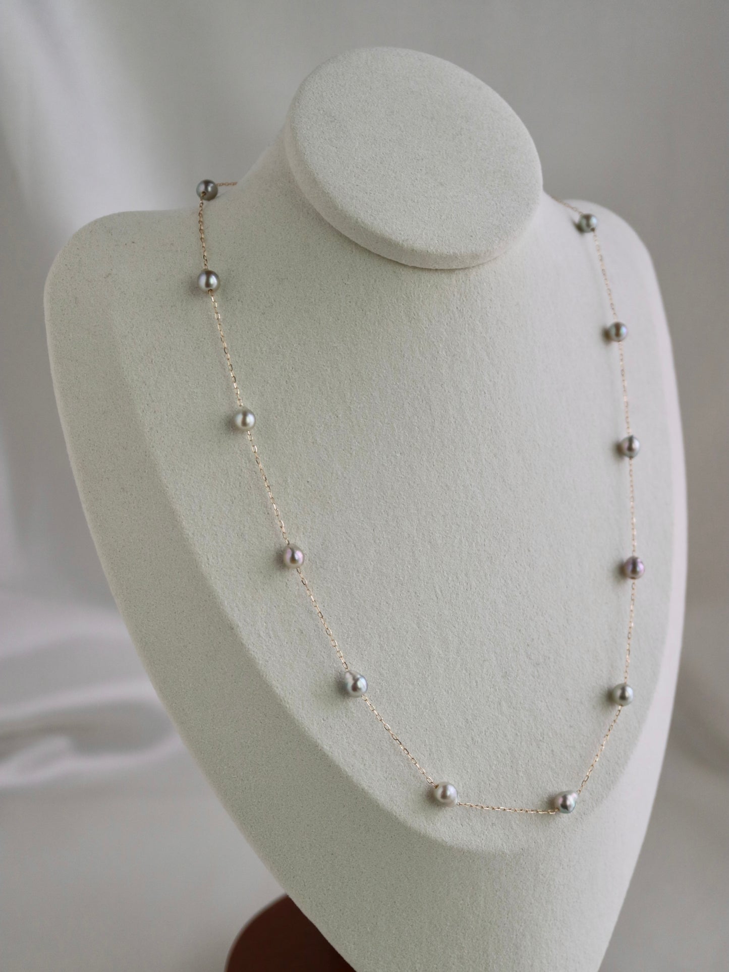 Natural Silver Blue Baroque Akoya Pearl Station Necklace 10K Yellow Gold