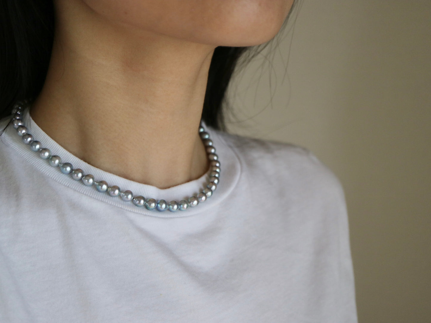 Baroque Shaped 6.5mm Natural Silver Blue Akoya Pearl Strand Necklace