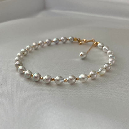 내추럴 실버 블루 바로크 아코야 진주 비드 팔찌 K18YG