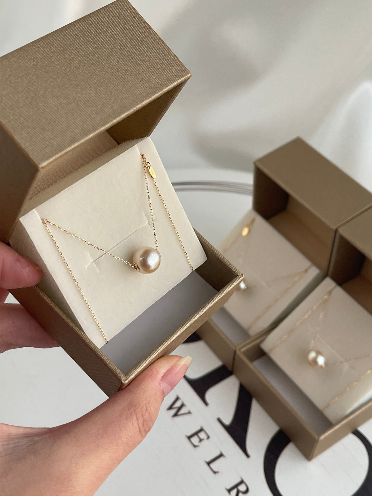 Rare Size Cream Golden 9.0mm Akoya Pearl Floating Pendant Necklace 18K Yellow Gold