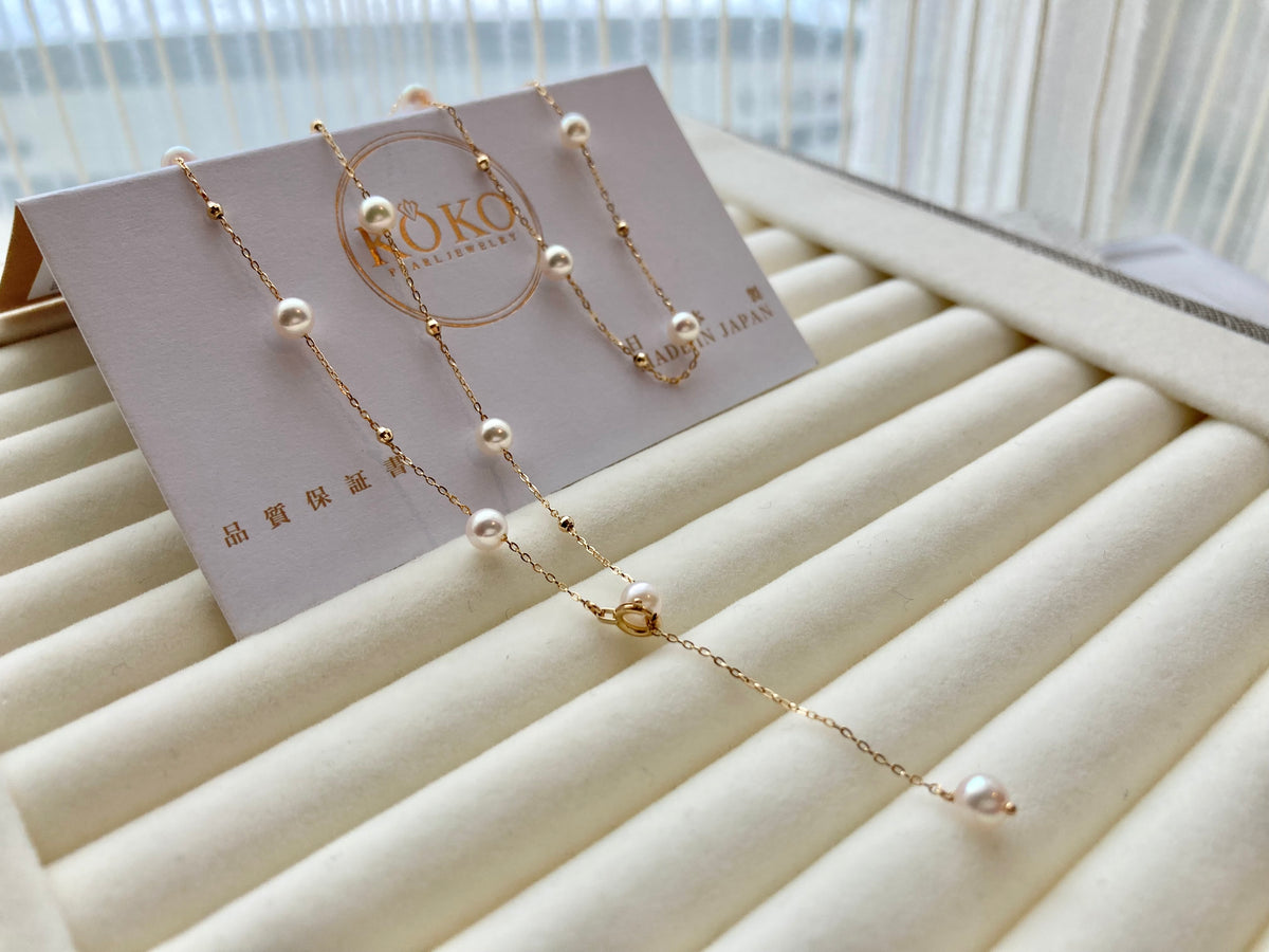 4.5 mmアコヤ真珠のビーズ付きステーションネックレス 18Kゴールド - KOKOPEARLJEWELRY - 9