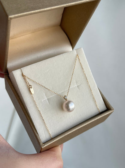 Rare Size 9mm Akoya Pearl 0.03ct Diamond Pendant Necklace 18K Yellow Gold - KOKOPEARLJEWELRY - 6