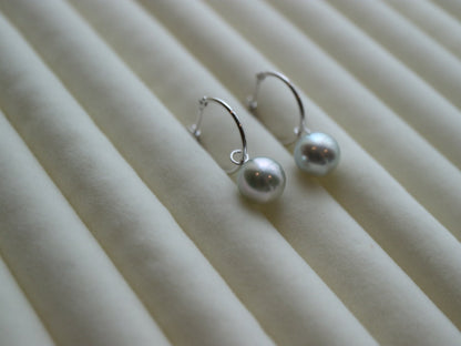 8mm Natural Silver Gray Akoya Pearl Dangle Hoop Earrings 18K White Gold - KOKOPEARLJEWELRY - 4