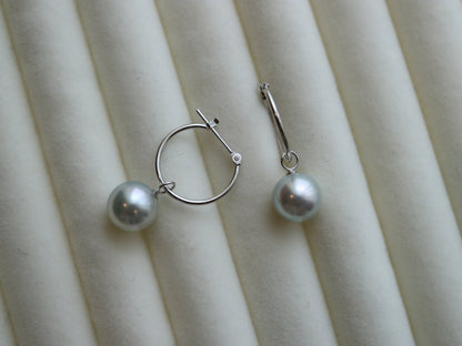 8mm Natural Silver Gray Akoya Pearl Dangle Hoop Earrings 18K White Gold - KOKOPEARLJEWELRY - 3