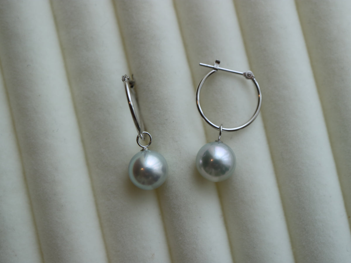 8.0mm Natural Silver Gray Akoya Pearl Dangle Hoop Earrings 18K White Gold