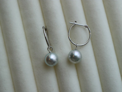 8mm Natural Silver Gray Akoya Pearl Dangle Hoop Earrings 18K White Gold - KOKOPEARLJEWELRY - 5