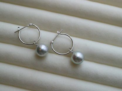 8mm Natural Silver Gray Akoya Pearl Dangle Hoop Earrings 18K White Gold - KOKOPEARLJEWELRY - 1