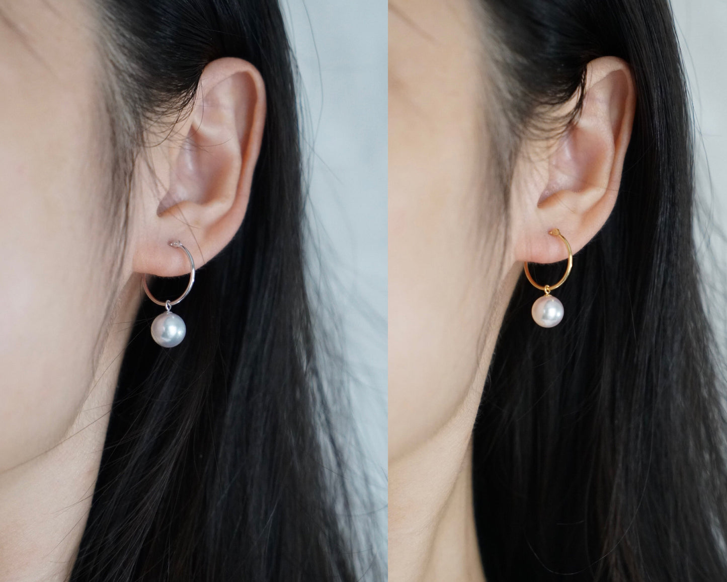 8.0mm Natural Silver Gray Akoya Pearl Dangle Hoop Earrings 18K White Gold