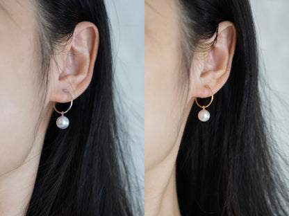 8mm Natural Silver Gray Akoya Pearl Dangle Hoop Earrings 18K White Gold - KOKOPEARLJEWELRY - 2