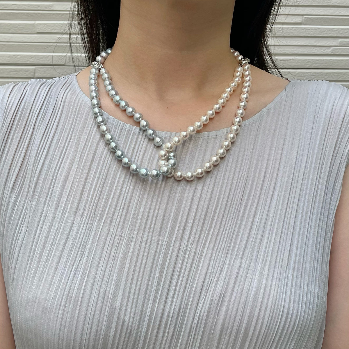 Certified Natural Silver Blue & White Color 8.5mm Baroque Shaped Akoya Pearl Long Necklace
