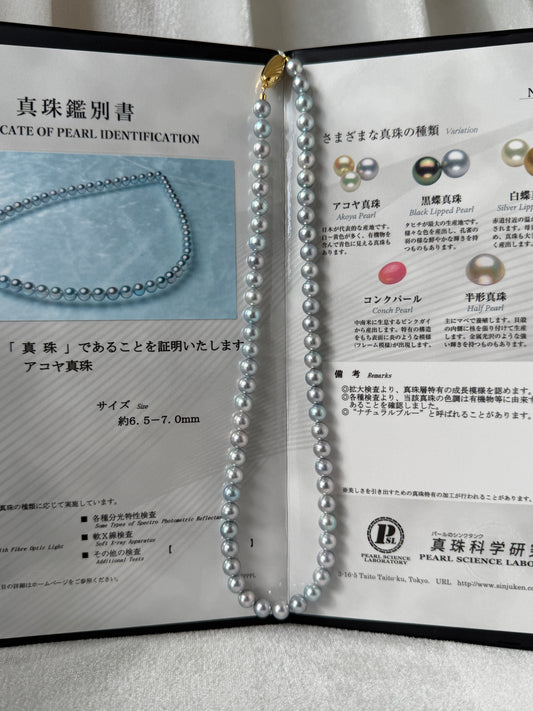 PSL Certified 6.5mm Natural Silver Blue Akoya Pearl Beaded Necklace