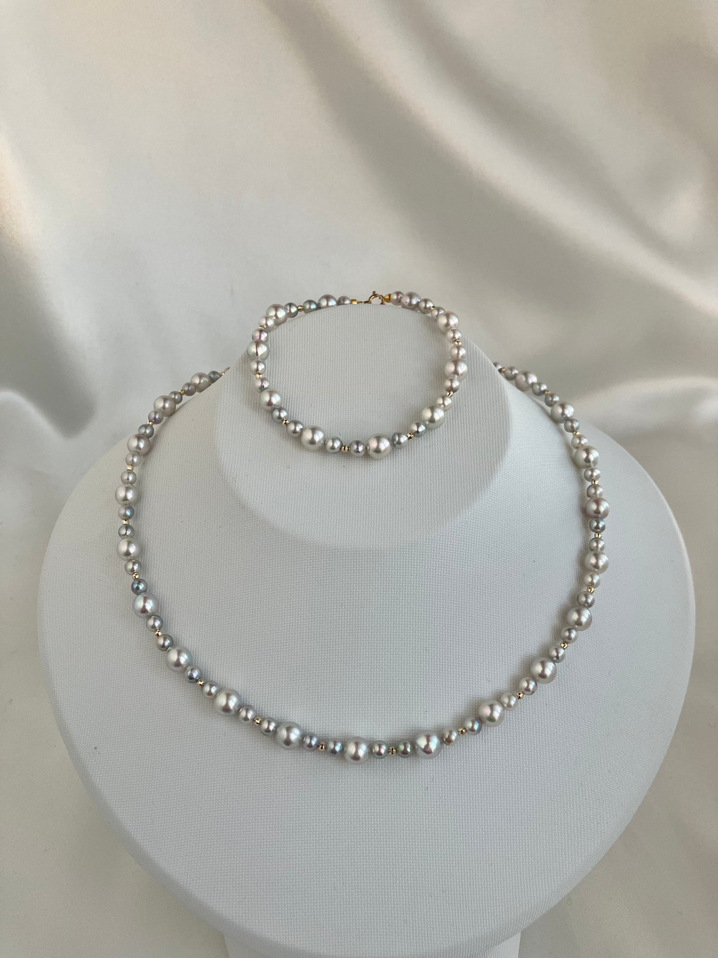 4+6mm Natural Silver Blue Akoya Pearl Beads Necklace & Bracelet 18K Gold
