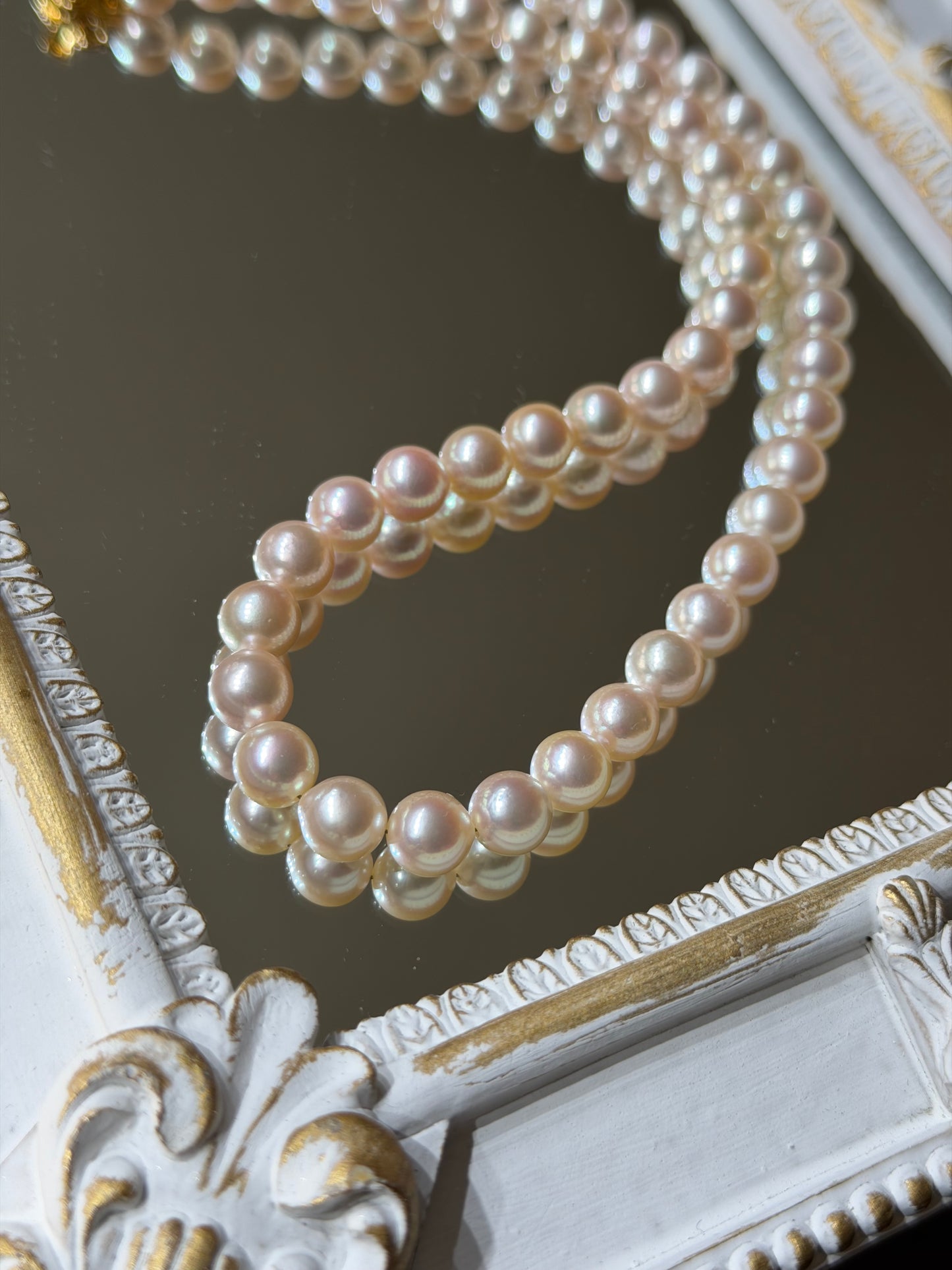 Only One Available | 희귀한 복숭아빛 핑크 7.5mm 아코야 진주 목걸이 골든 플라워 클라스프