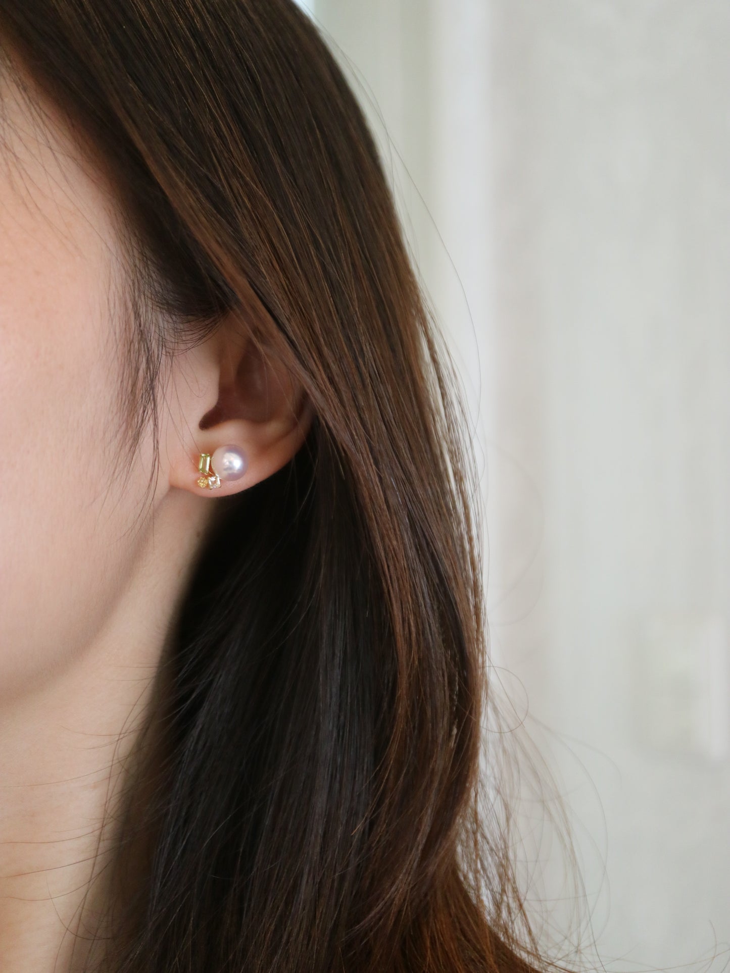 ミックスカラートパーズ 7.5mm アコヤ真珠スタッドピアス 18K イエローゴールド