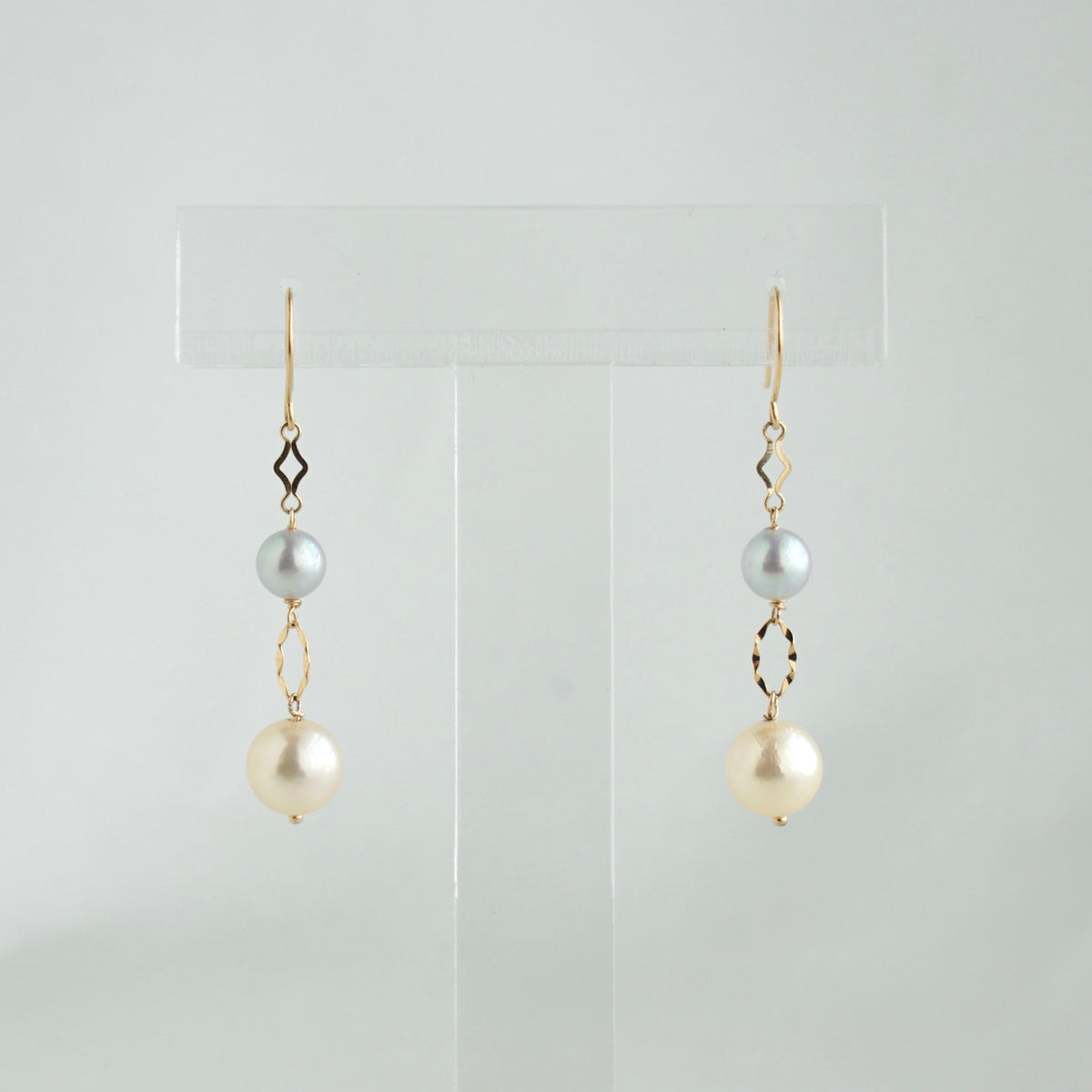 Two-Color Akoya Pearl Dangle Hook Earrings | 18K Yellow Gold