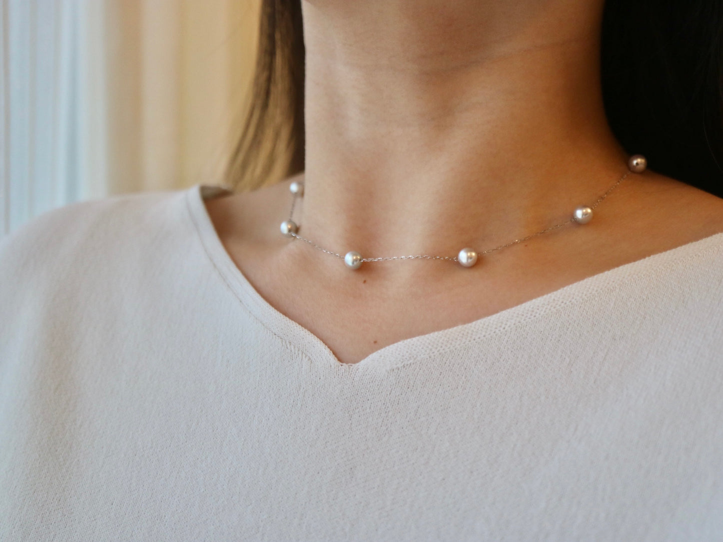 6mm 天然シルバー ブルー アコヤ真珠 ステーションネックレス 18K ホワイトゴールド 45cm