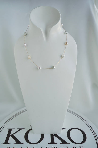 Rainbow Color 7.5mm Akoya Pearl Station Necklace 18K Gold - KOKOPEARLJEWELRY - 5