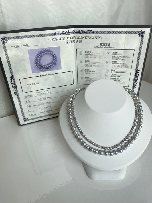 Certified Natural Silver Blue Baroque Akoya Pearl Double Layered Strand Necklace - KOKOPEARLJEWELRY - 1