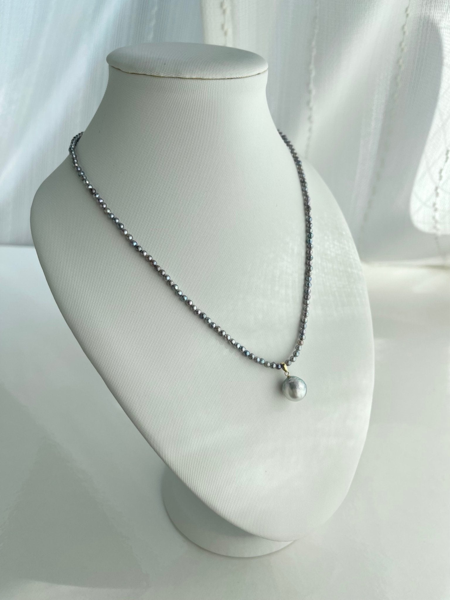 Rare 2 - 3mm Natural Silver Blue Akoya Pearl Strand Necklace with Detachable South Sea Pearl Pendant - KOKOPEARLJEWELRY - 2
