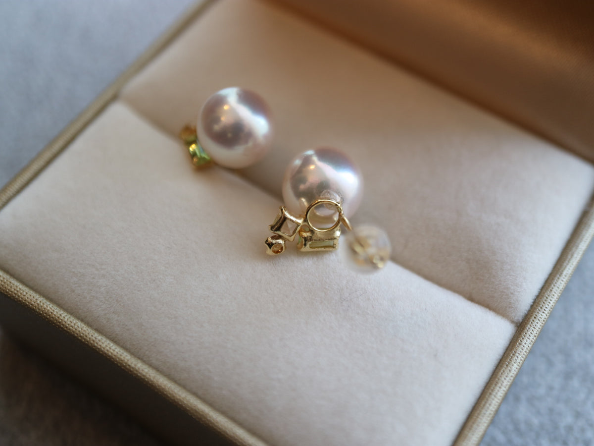 Mixed Color Topaz 7.5mm Akoya Pearl Stud Earrings 18K Yellow Gold