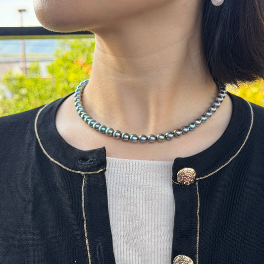 Peacock Green 7mm Japanese Akoya Pearl Beaded Necklace